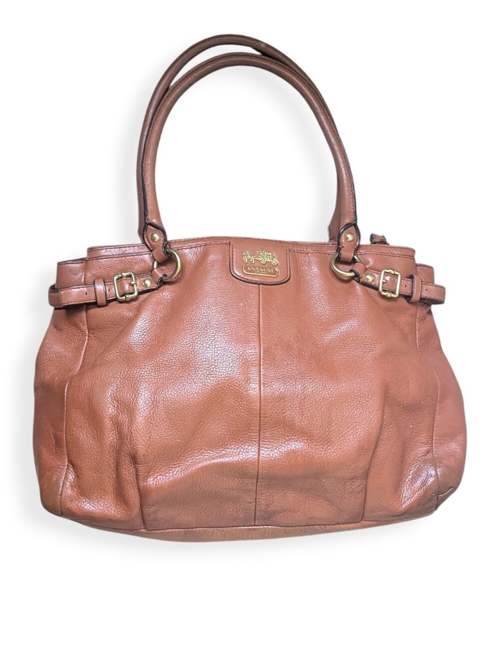 Coach Madison Kara Carryall Women Rust Brown Pebbled Leather Buckles Tote Bag